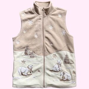 Vintage 90s Fleece Embroidered Appliqué Polar Bear Vest Winter Theme Small